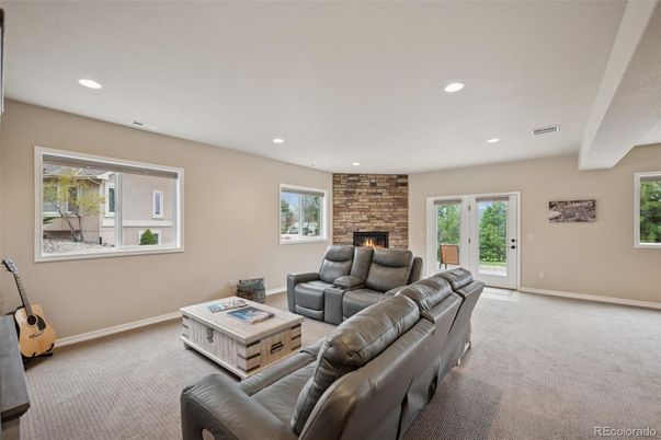 Fireplace, Interior, Living room, Recessed Lighting, Stone Walls