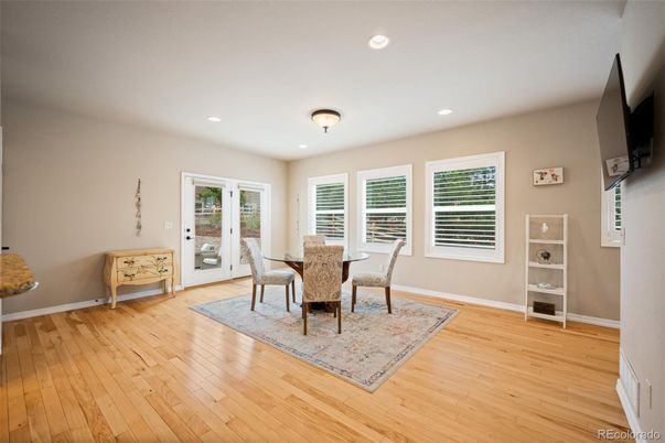 Dining room, Interior, Recessed Lighting, Wood Texture Flooring