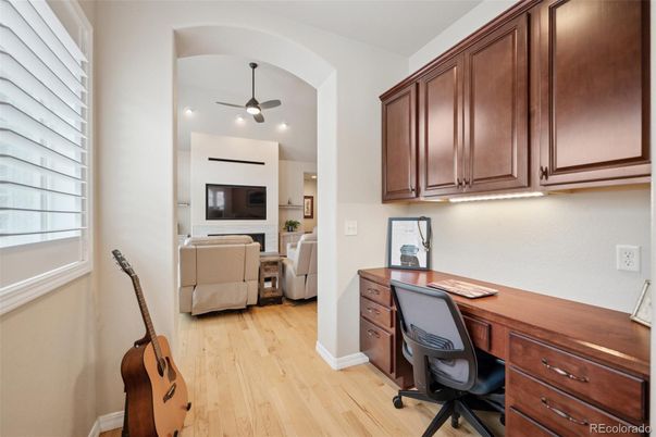 Fireplace, Home Office, Interior, Recessed Lighting, Wood Texture Flooring