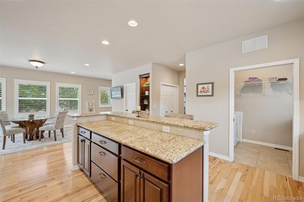 Dining room, Interior, Recessed Lighting, Wood Texture Flooring
