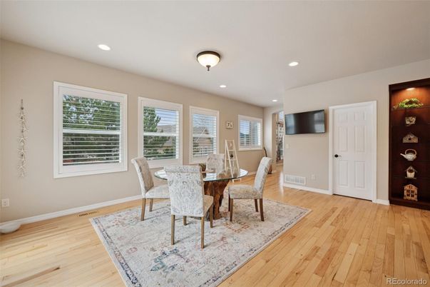 Dining room, Interior, Recessed Lighting, Wood Texture Flooring