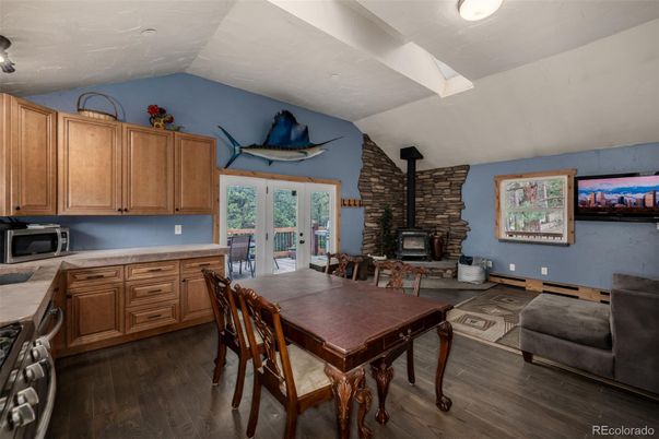 Dining room, Fireplace, Interior, Kitchen, Stone Walls, Wood Texture Flooring