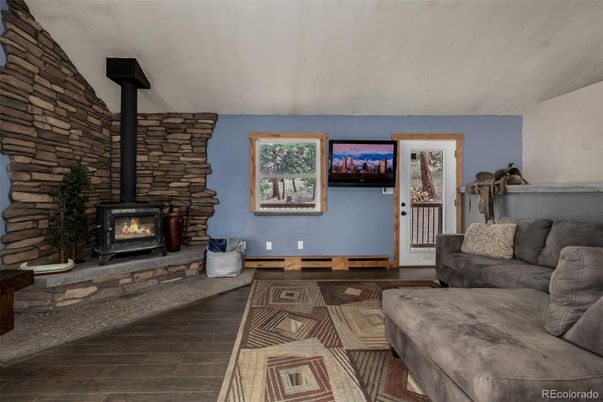 Fireplace, Interior, Living room, Stone Walls, Wood Texture Flooring
