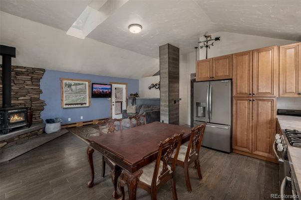 Dining room, Fireplace, Interior, Kitchen, Stone Walls, Wood Texture Flooring