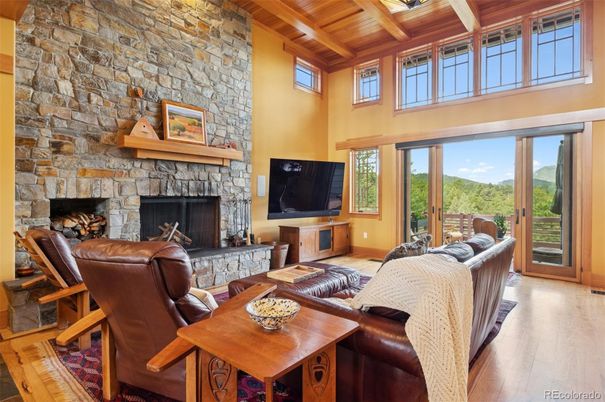 Fireplace, Interior, Living room, Stone Walls, Wooden Beams, Wooden Ceilings, Wood Texture Flooring