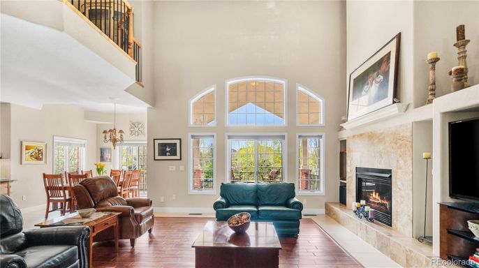 Chandelier, Dining room, Fireplace, Interior, Living room, Pendant Lights, Wood Texture Flooring