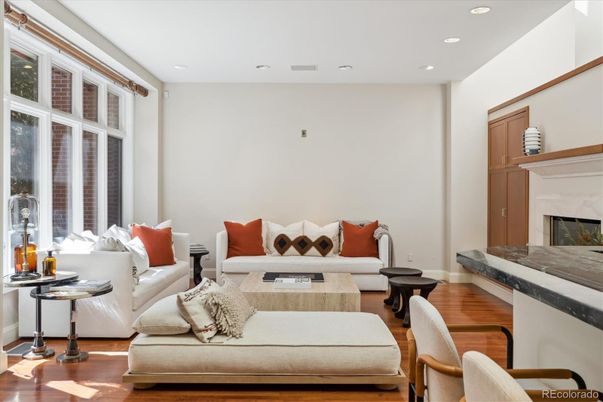 Fireplace, Interior, Living room, Recessed Lighting, Wood Texture Flooring