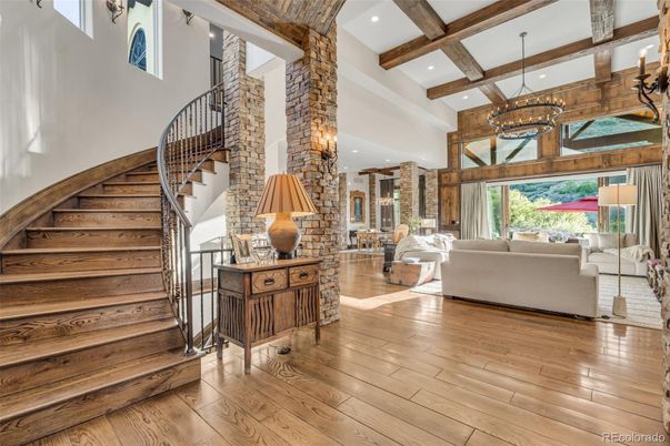 Chandelier, Interior, Living room, Recessed Lighting, Wooden Beams, Wood Texture Flooring
