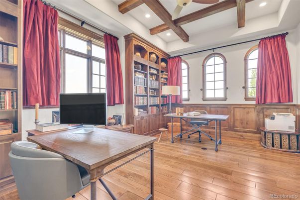 Home Office, Interior, Recessed Lighting, Wooden Beams, Wood Texture Flooring