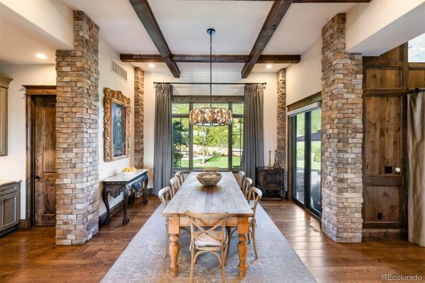 Chandelier, Dining room, Interior, Recessed Lighting, Stone Walls, Wooden Beams, Wood Texture Flooring