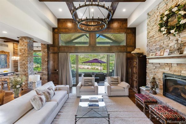 Fireplace, Interior, Living room, Pendant Lights, Recessed Lighting, Stone Walls, Wooden Beams, Wood Texture Flooring