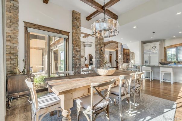 Dining room, Interior, Kitchen, Pendant Lights, Recessed Lighting, Stone Walls, Wooden Beams, Wood Texture Flooring