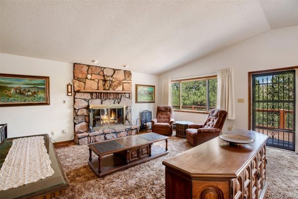 Fireplace, Interior, Living room, Recessed Lighting, Stone Walls