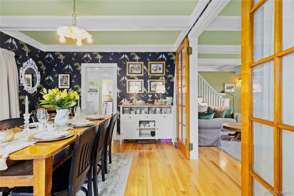 Dining room, Interior, Pendant Lights, Wood Texture Flooring