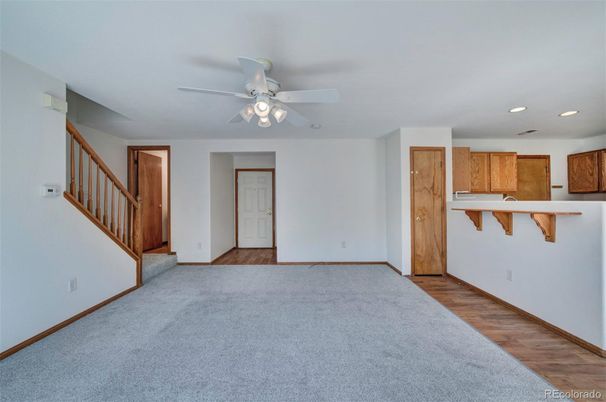 Empty room, Interior, Kitchen, Recessed Lighting, Wood Texture Flooring