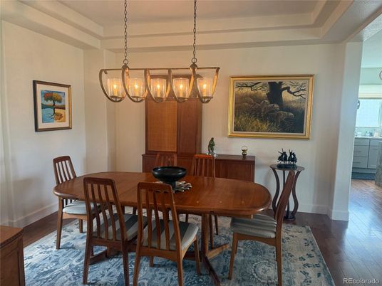 Chandelier, Dining room, Interior, Wood Texture Flooring