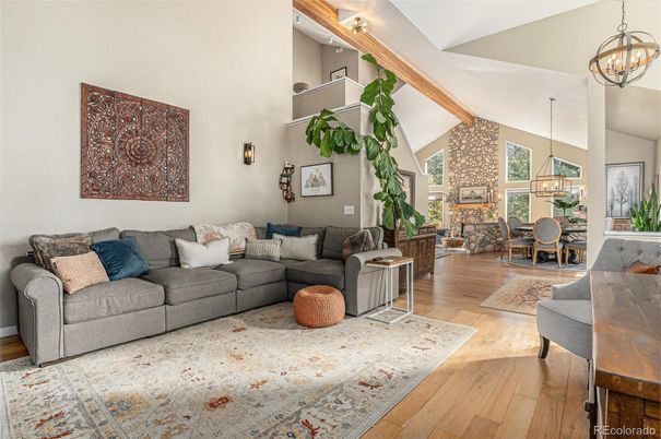 Dining room, Interior, Living room, Pendant Lights, Wood Texture Flooring