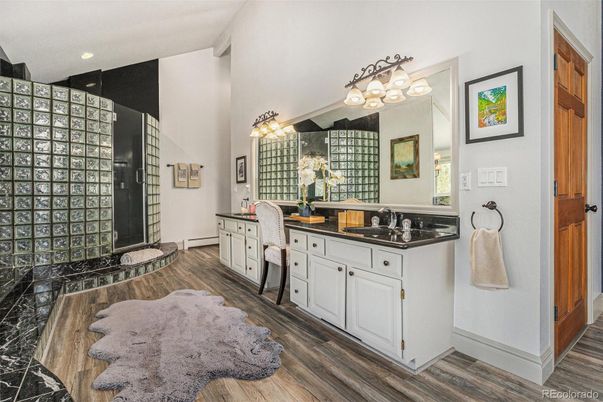 Bathroom, Dual Sink Vanities, Interior, Recessed Lighting, Wood Texture Flooring