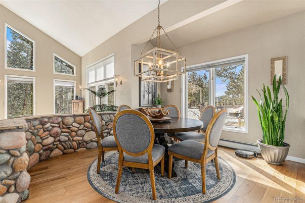 Dining room, Interior, Pendant Lights, Wood Texture Flooring