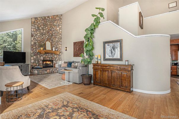 Fireplace, Interior, Living room, Stone Walls, Wood Texture Flooring