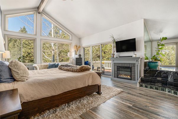 Bedroom, Fireplace, Interior, Wood Texture Flooring