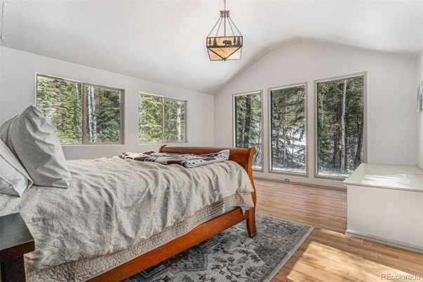 Bedroom, Interior, Pendant Lights, Wood Texture Flooring