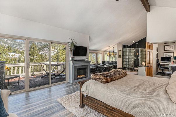 Bedroom, Fireplace, Interior, Pendant Lights, Wooden Beams, Wood Texture Flooring