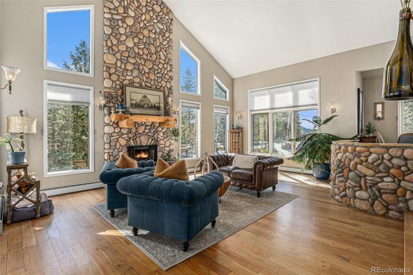 Fireplace, Interior, Living room, Stone Walls, Wood Texture Flooring