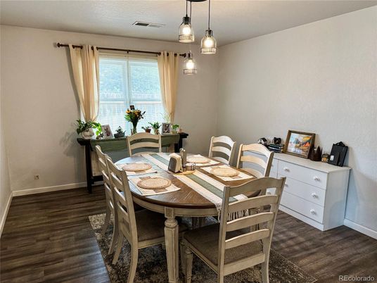 Dining room, Interior, Pendant Lights, Wood Texture Flooring