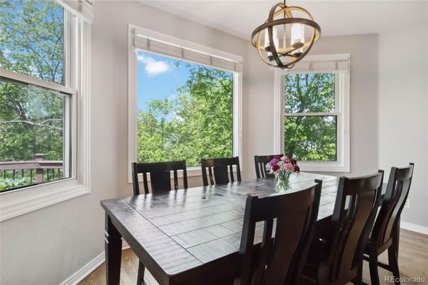 Dining room, Interior, Pendant Lights, Wood Texture Flooring