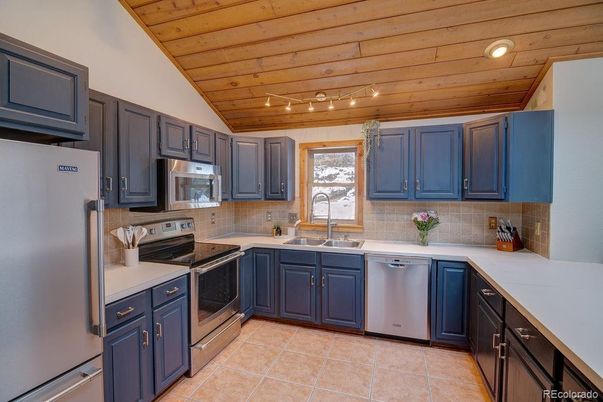 Interior, Kitchen, Recessed Lighting, Stainless Steel Appliances, Wooden Ceilings