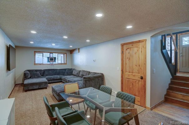 Dining room, Interior, Living room, Recessed Lighting, Wood Texture Flooring