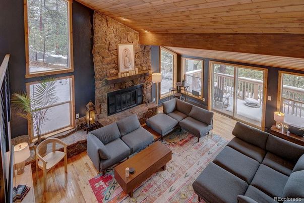 Fireplace, Interior, Living room, Stone Walls, Wooden Ceilings, Wood Texture Flooring