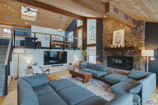 Fireplace, Interior, Kitchen, Living room, Pendant Lights, Recessed Lighting, Stone Walls, Wooden Beams, Wooden Ceilings, Wood Texture Flooring