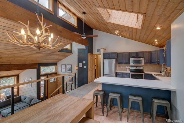 Chandelier, Interior, Kitchen, Recessed Lighting, Stainless Steel Appliances, Wooden Ceilings