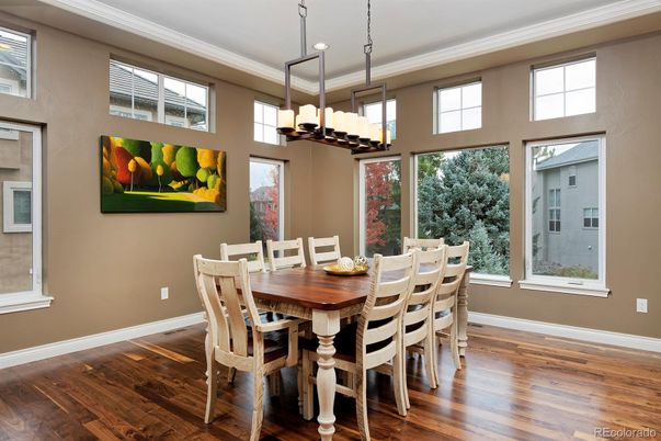 Chandelier, Dining room, Interior, Pendant Lights, Recessed Lighting, Wood Texture Flooring
