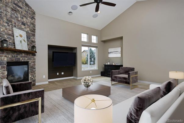 Fireplace, Interior, Living room, Recessed Lighting, Stone Walls