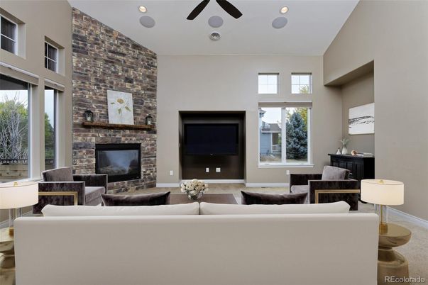 Fireplace, Interior, Living room, Recessed Lighting, Stone Walls