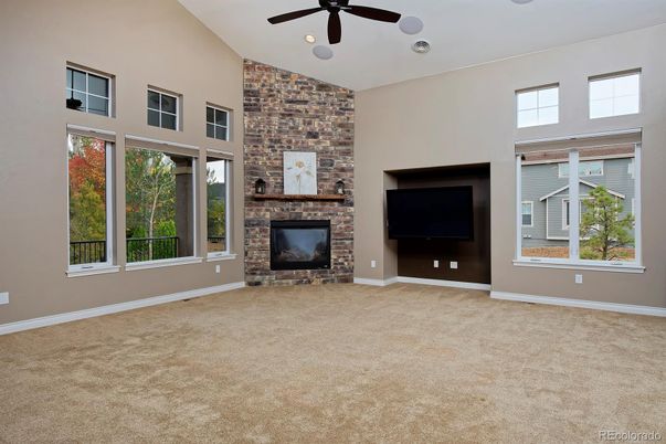 Empty room, Fireplace, Interior, Recessed Lighting, Stone Walls