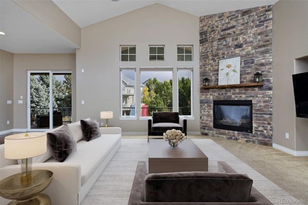 Fireplace, Interior, Living room, Recessed Lighting, Stone Walls