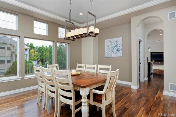 Chandelier, Dining room, Interior, Pendant Lights, Recessed Lighting, Wood Texture Flooring