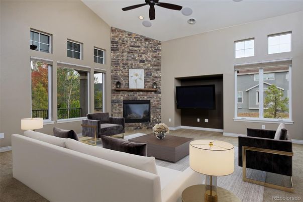 Fireplace, Interior, Living room, Recessed Lighting, Stone Walls