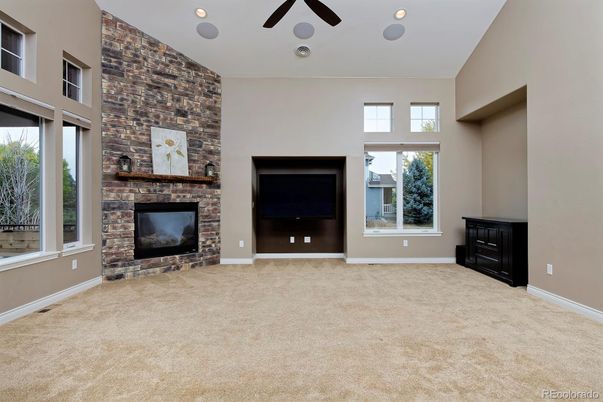 Empty room, Fireplace, Interior, Recessed Lighting, Stone Walls