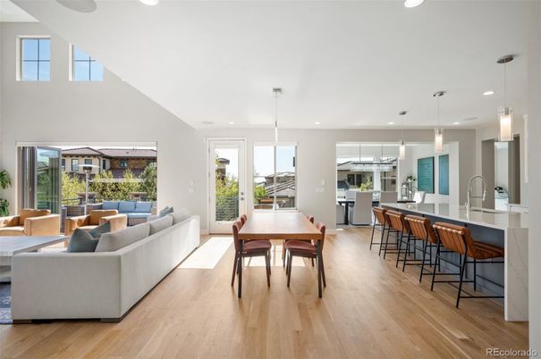 Dining room, Interior, Kitchen, Living room, Pendant Lights, Recessed Lighting, Wood Texture Flooring