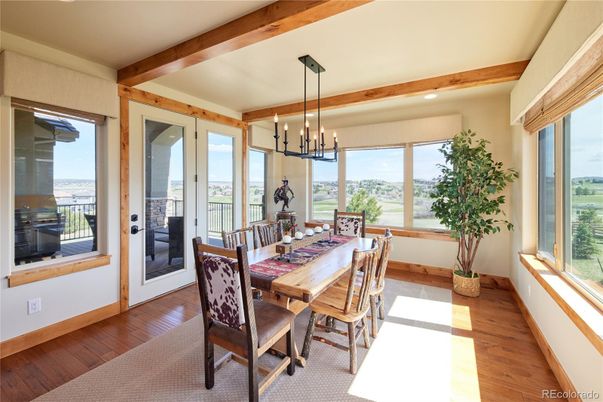 Dining room, Interior, Pendant Lights, Recessed Lighting, Wooden Beams, Wood Texture Flooring