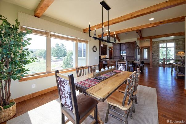 Dining room, Interior, Kitchen, Pendant Lights, Recessed Lighting, Wooden Beams, Wood Texture Flooring