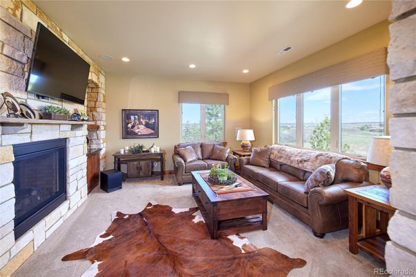 Fireplace, Interior, Living room, Recessed Lighting, Stone Walls