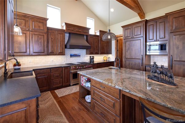Interior, Kitchen, Pendant Lights, Recessed Lighting, Stainless Steel Appliances, Wooden Beams, Wood Texture Flooring