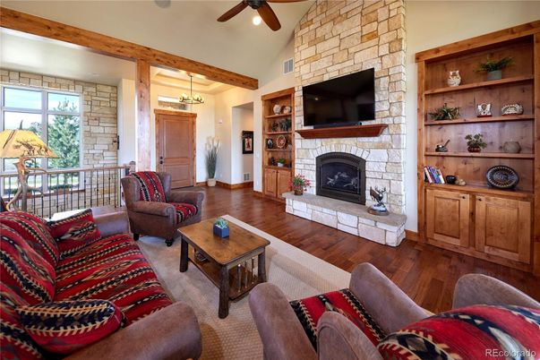 Fireplace, Interior, Living room, Pendant Lights, Stone Walls, Wooden Beams, Wood Texture Flooring