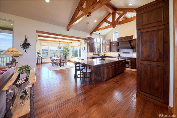 Dining room, Interior, Kitchen, Pendant Lights, Recessed Lighting, Wooden Beams, Wood Texture Flooring